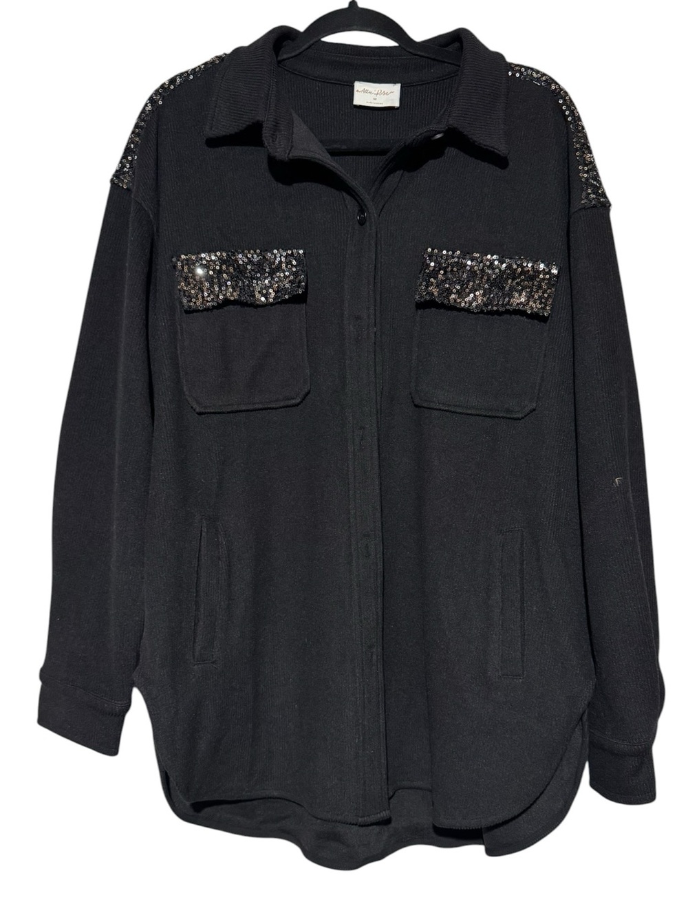 Allie Rose Black Sequin Shacket Shirt‎ Jacket corduroy Festival Oversized Medium